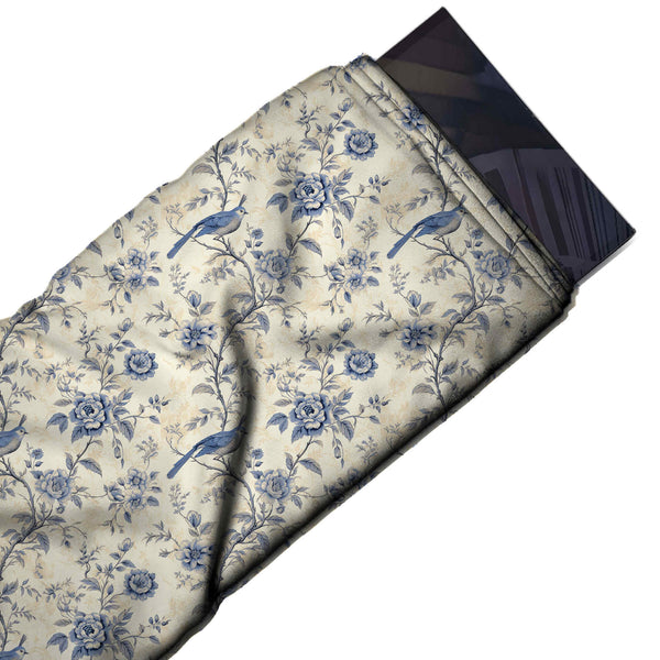 Cream & Slate Blue Bird & Climbing Rose Printed Armani Satin Fabric