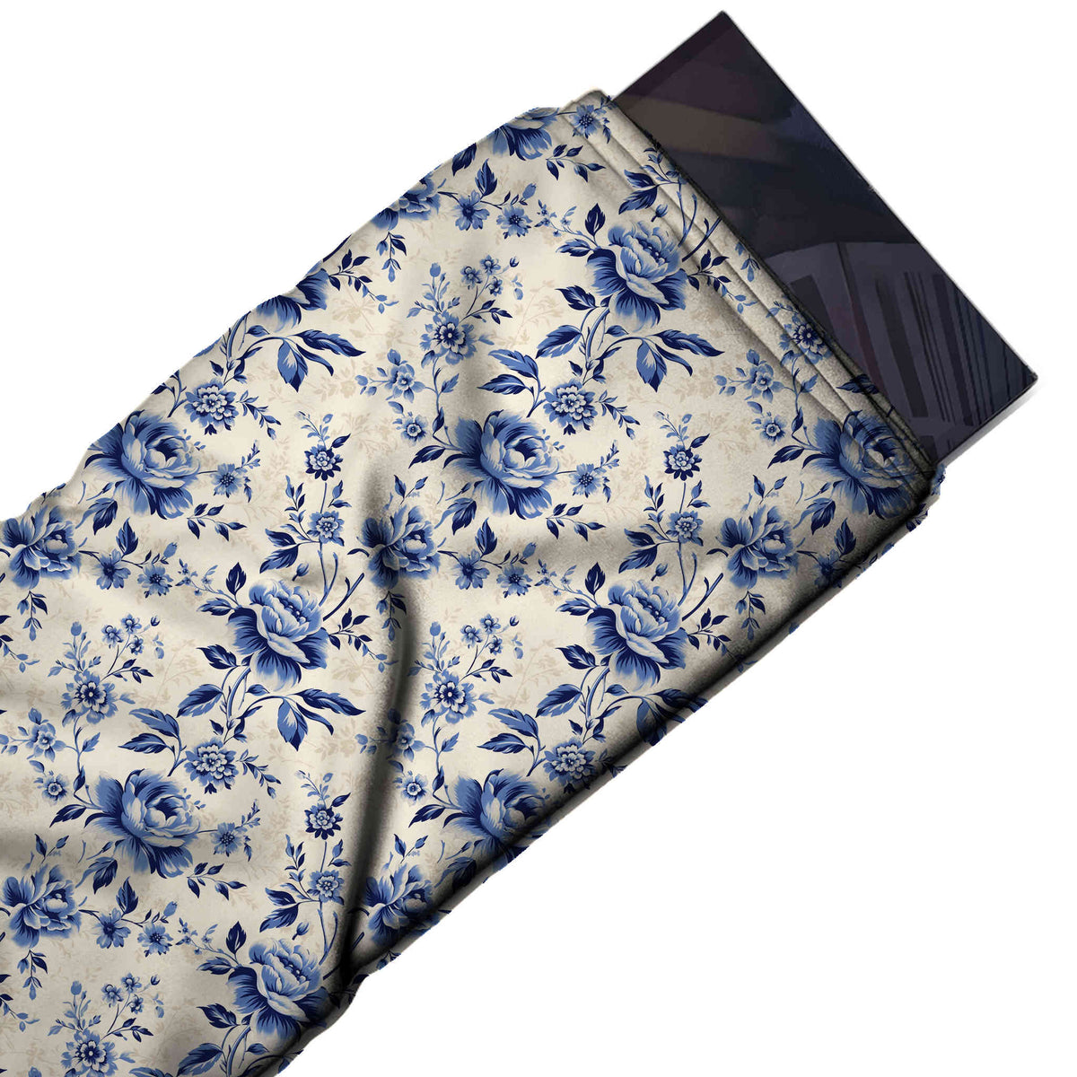 Flat fabric swatch: all-over medium-scale vintage-style floral of shaded slate blue, design Design No_4579, Clothwala