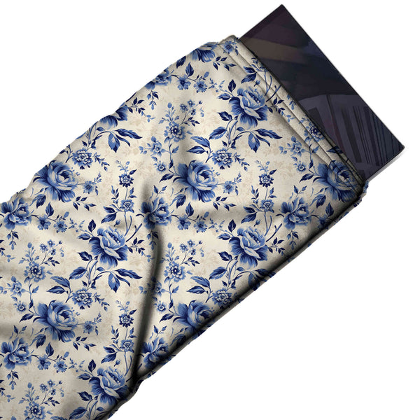 Cream & Slate Blue Cabbage Rose Printed Pure Natural Crepe Fabric