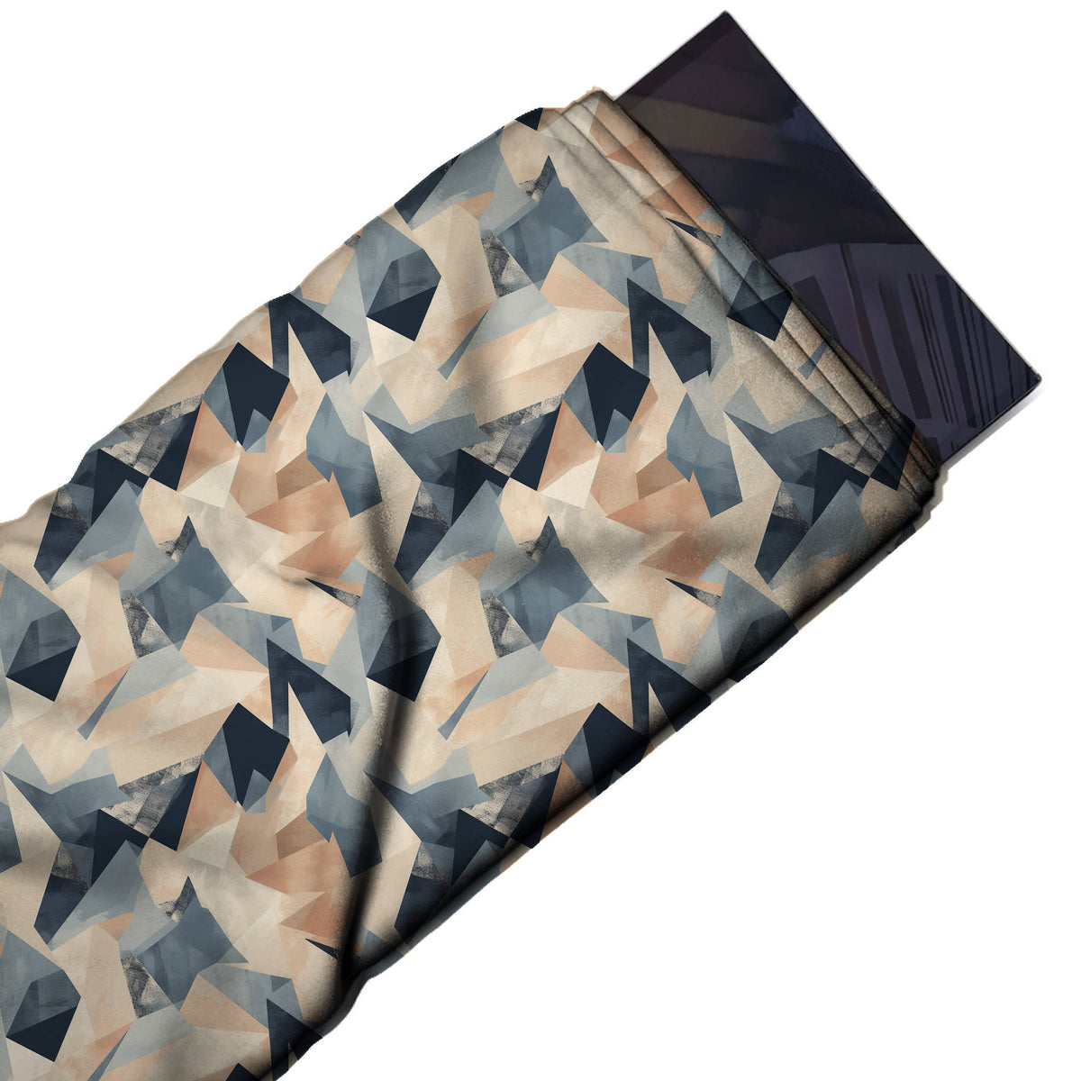 Cream & Slate Blue Cut Paper Shards Printed Moss Crepe Fabric - flat fabric swatch, design Design No_3801, Clothwala