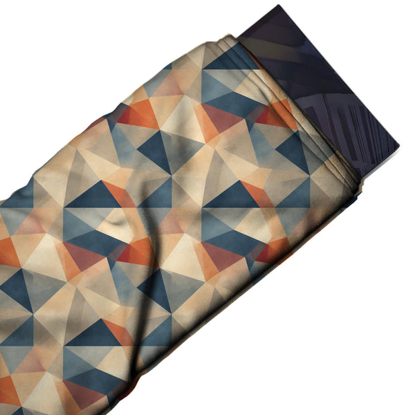 Cream & Slate Blue Faceted Triangle Mosaic Printed Moss Crepe Fabric
