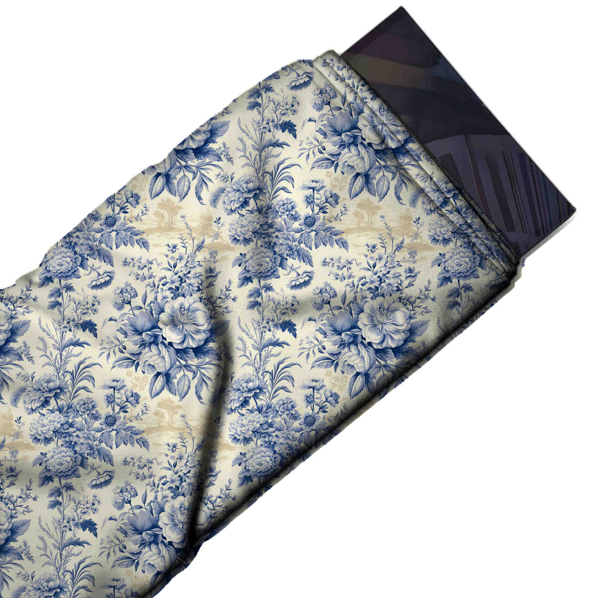 Flat fabric swatch: dense all-over layout of slate blue bouquets with large open blooms alternating, design 3612, Clothwala