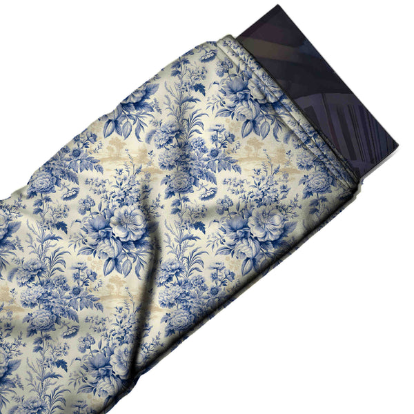 Cream & Slate Blue Hollyhock Bouquet Toile Printed Armani Satin Fabric
