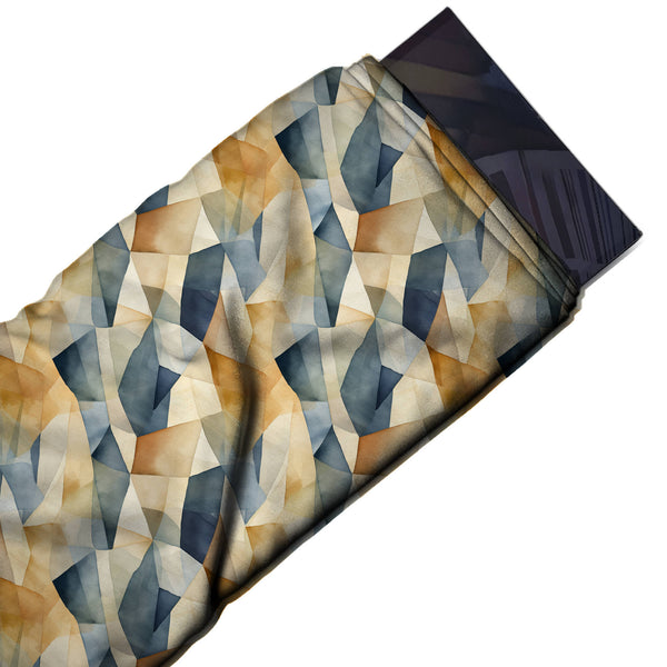 Cream & Slate Blue Ochre Stone Facets Printed Moss Crepe Fabric