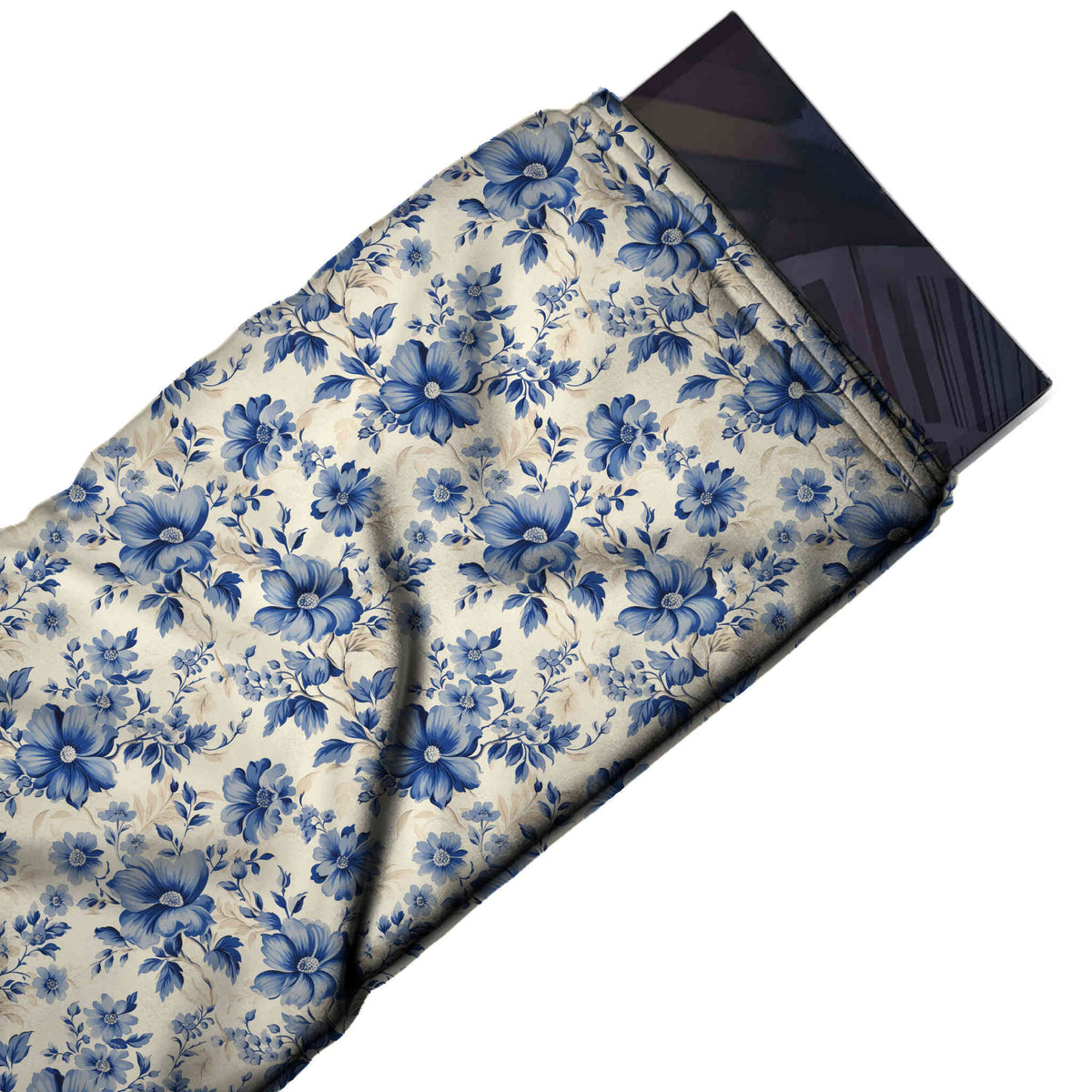 Flat fabric swatch: dense all-over floral of medium-scale softly shaded slate blue open, design Design No_4568, Clothwala