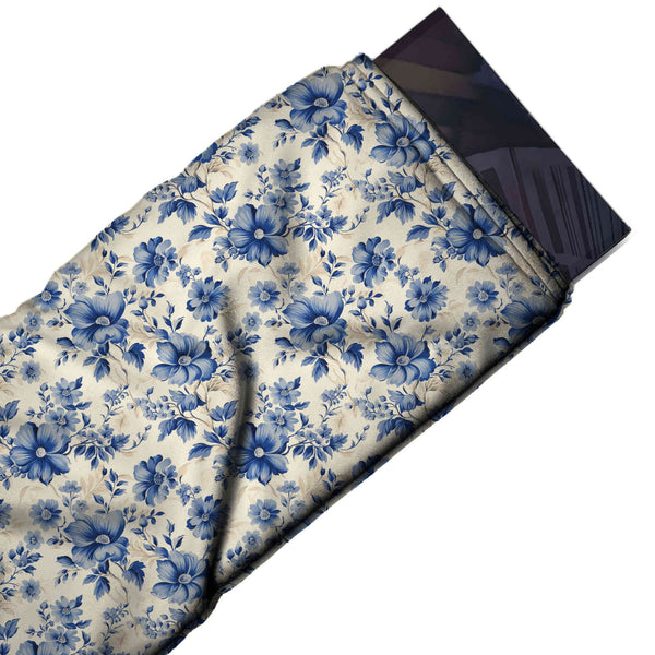 Cream & Slate Blue Soft Blue Blossom Sprays Printed Pure Natural Crepe Fabric