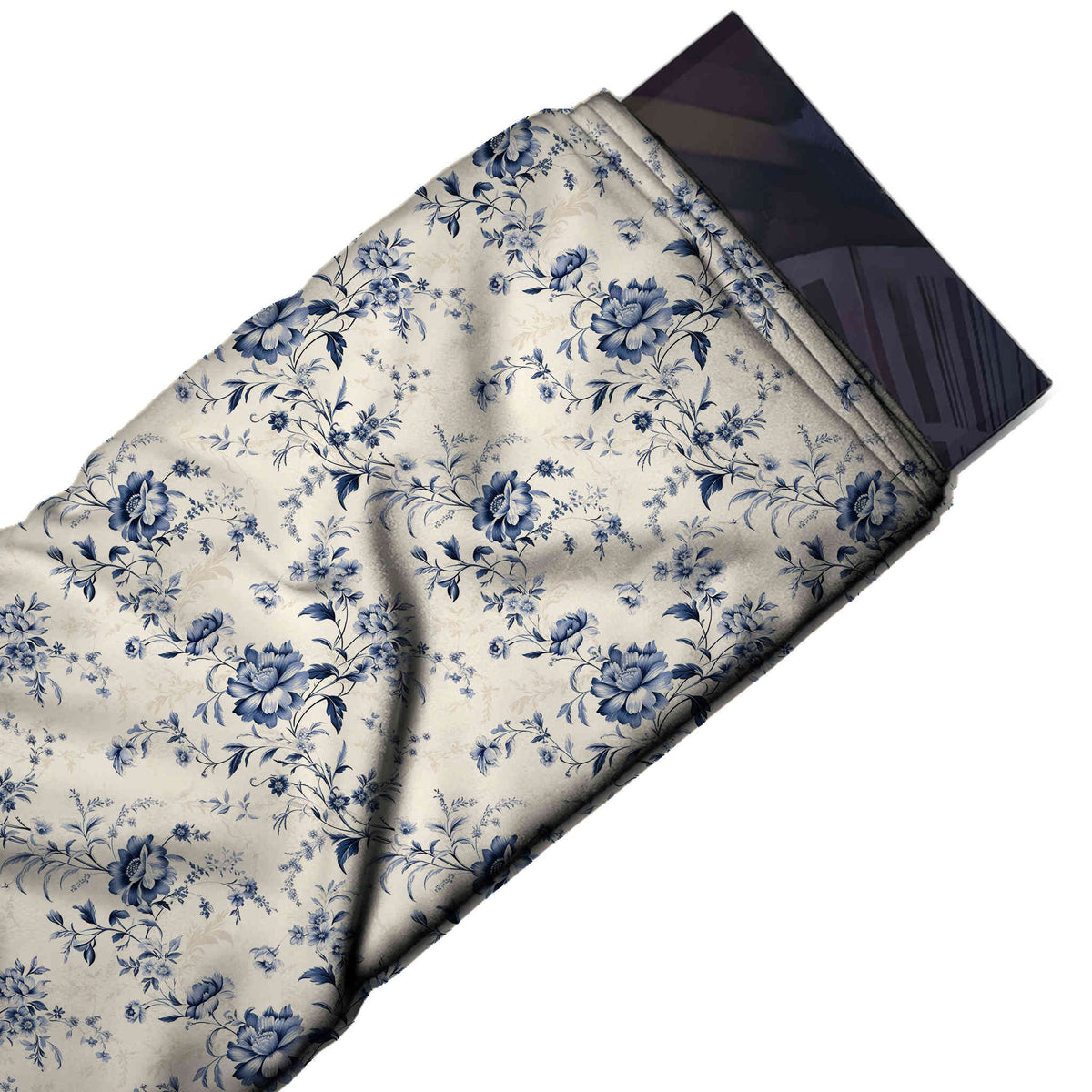 Flat fabric swatch: open all-over floral of slate blue flowers on fine curving stems with small navy, design 3587, Clothwala