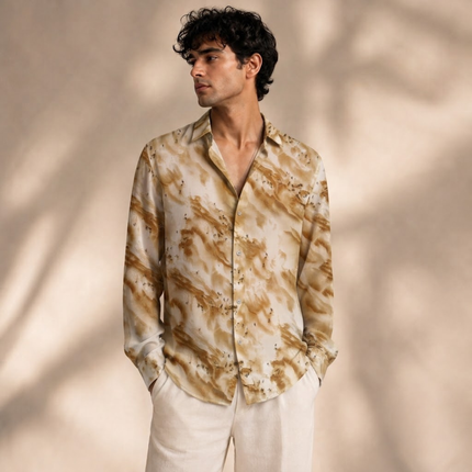 Cream & Tan Abstract Marble Swirl Print Fabric — design 361AJ-S/DS-530, Clothwala