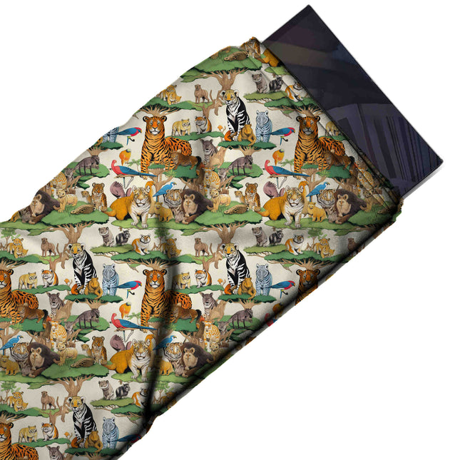 Flat fabric swatch: crowded one-way print of shaded illustrated tigers, lions, design Design No_3904, Clothwala