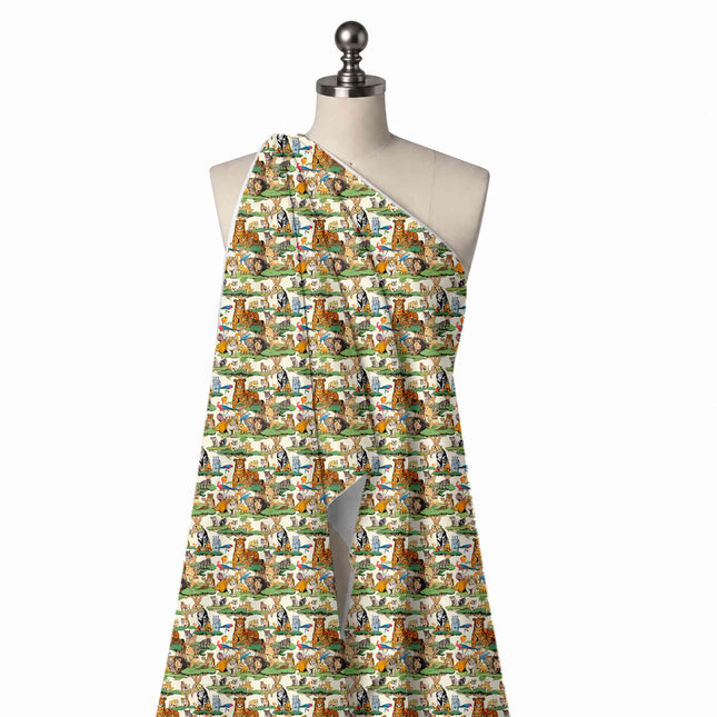 Draped on a mannequin: crowded one-way print of shaded illustrated tigers, lions, design Design No_3904, Clothwala