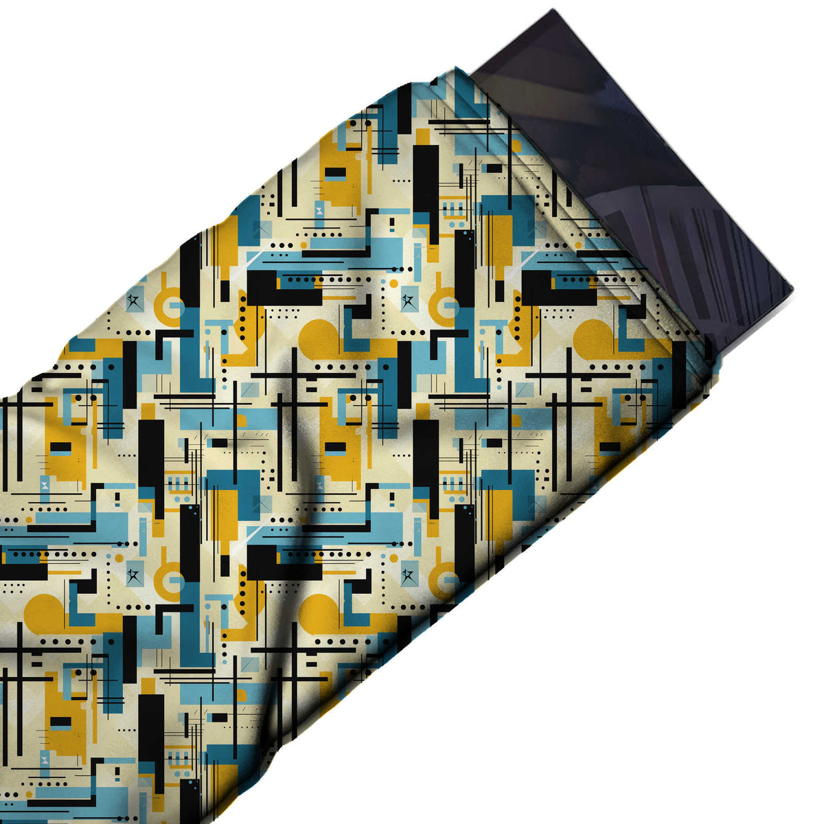Flat fabric swatch: dense all-over flat geometric of overlapping teal and sky blue, design Design No_4068, Clothwala