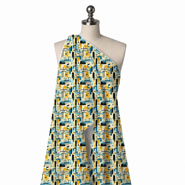 Draped on a mannequin: dense all-over flat geometric of overlapping teal and sky blue, design Design No_4068, Clothwala
