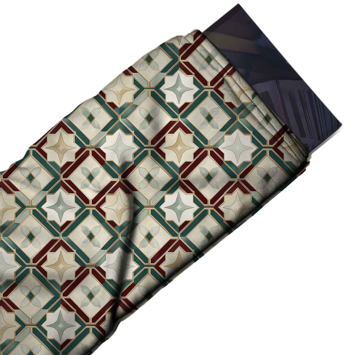 Flat fabric swatch: all-over diagonal trellis of banded teal green and maroon strips on a, design Design No_4246, Clothwala