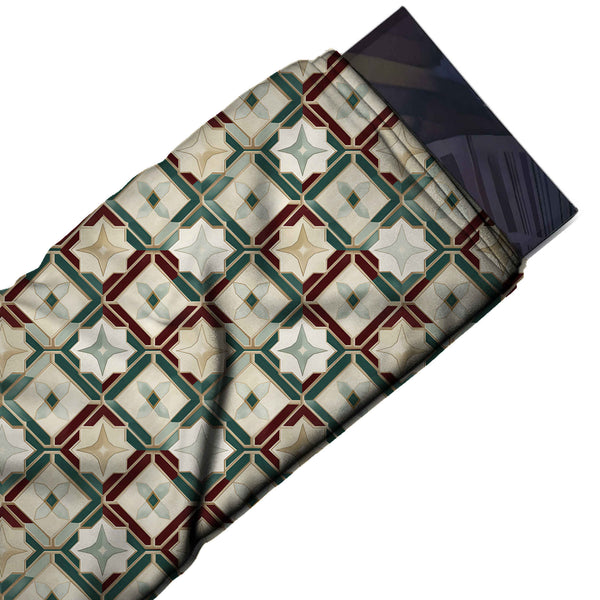 Cream & Teal Green Eight-Point Star Trellis Printed French Crepe Fabric