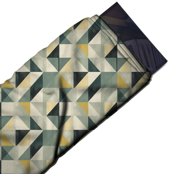 Cream & Teal Grey Half-Square Triangle Patchwork Printed Pure Natural Crepe Fabric