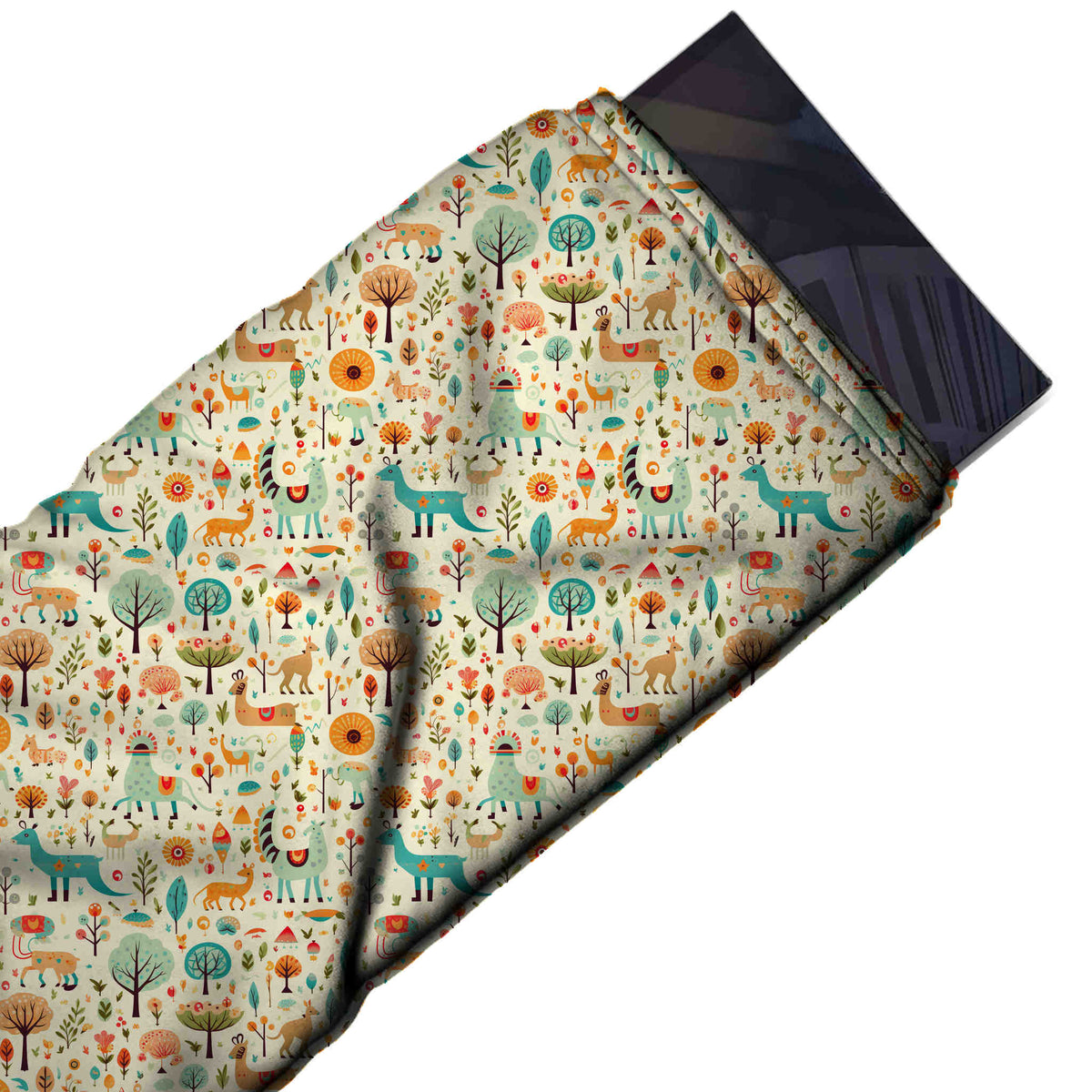 Cream & Teal Llama & Round Trees Printed Moss Crepe Fabric - flat fabric swatch, design Design No_3857, Clothwala