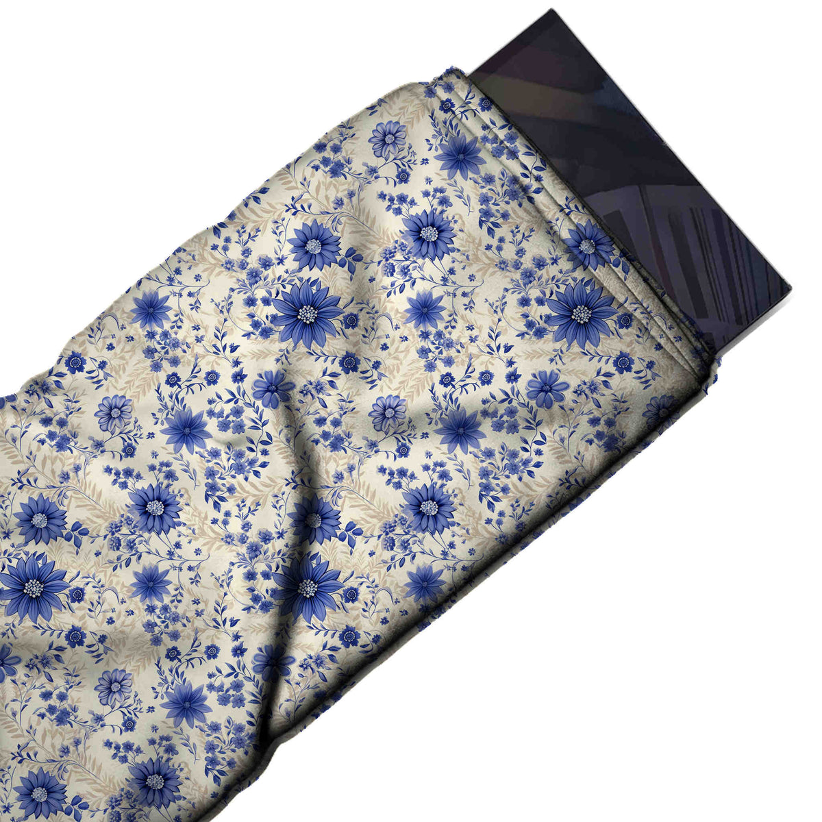 Flat fabric swatch: dense all-over small-scale floral of violet-blue pointed-petal daisies, design Design No_4565, Clothwala