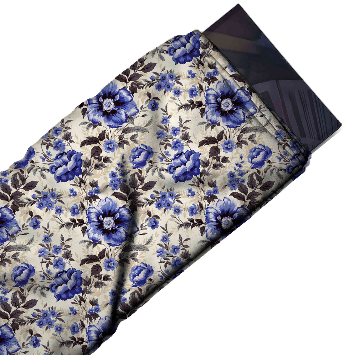 Flat fabric swatch: dense all-over floral of medium-scale violet-blue poppies and roses, design Design No_4563, Clothwala