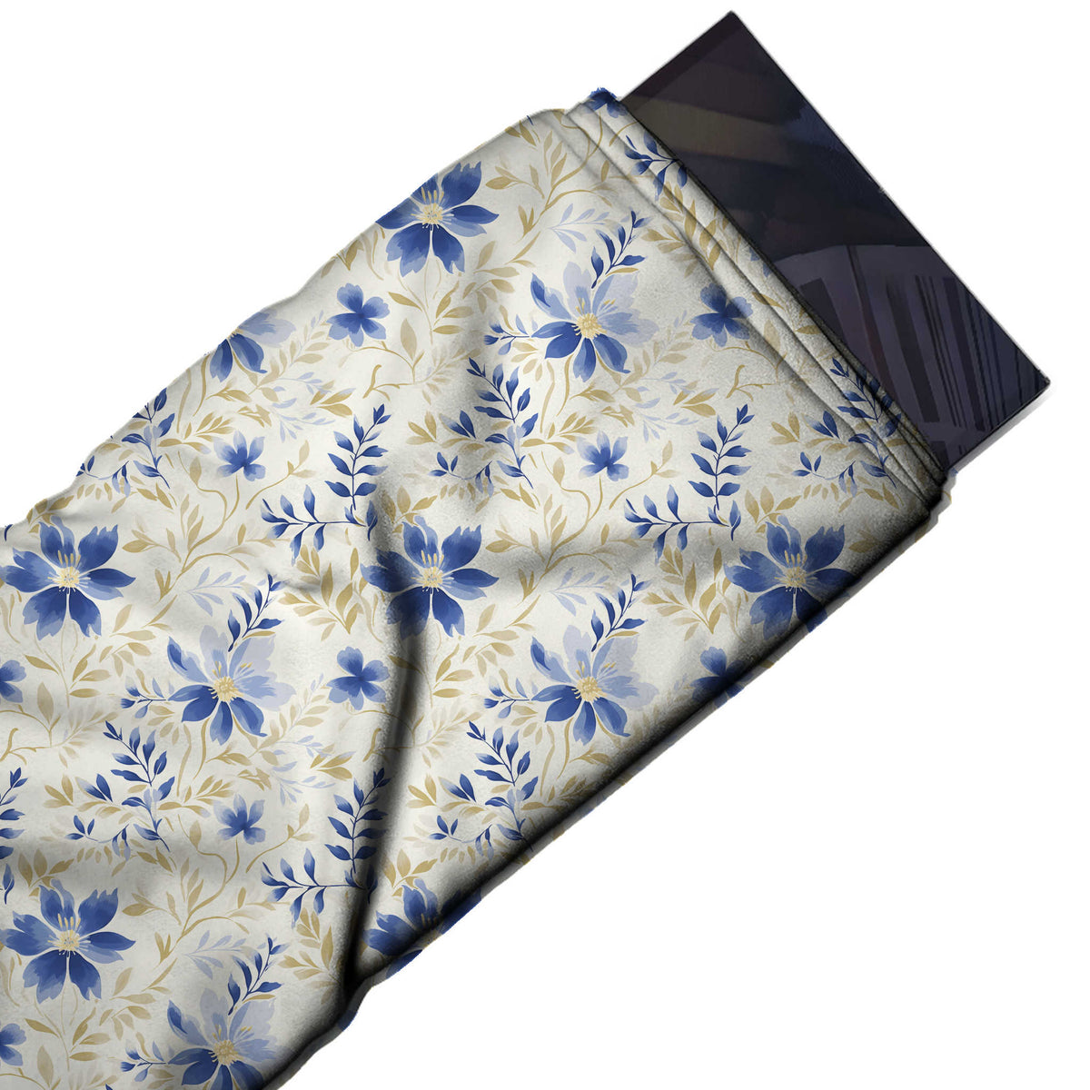 Flat fabric swatch: tossed all-over layout of medium-scale watercolour flowers in cobalt, design Design No_4538, Clothwala