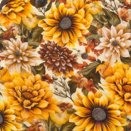Cream & Yellow Sunflower & Dahlia Floral Print Fabric — design 420MSH-RSSC/DS-595, Clothwala
