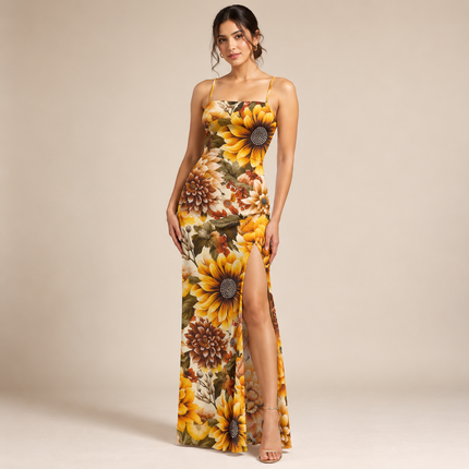 Cream & Yellow Sunflower & Dahlia Floral Print Fabric — design 420MSH-RSSC/DS-595, Clothwala