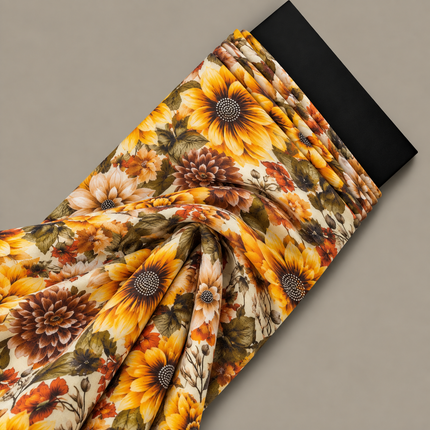 Cream & Yellow Sunflower & Dahlia Floral Print Fabric — design 420MSH-RSSC/DS-595, Clothwala