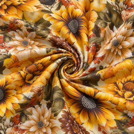 Cream & Yellow Sunflower & Dahlia Floral Print Fabric — design 420MSH-RSSC/DS-595, Clothwala