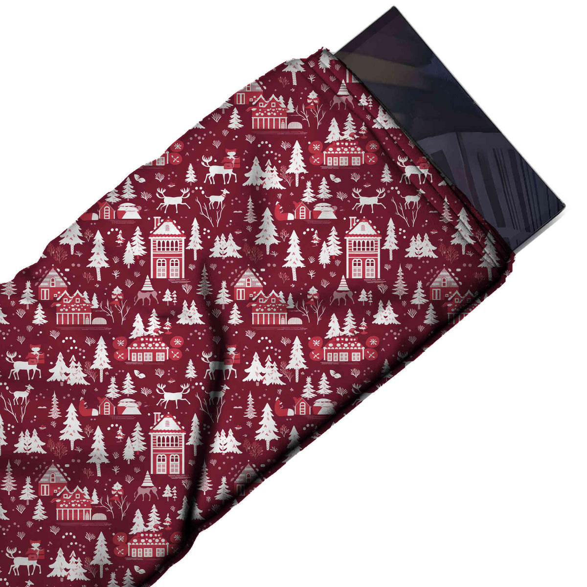 Flat fabric swatch: all-over silhouette winter print of solid white fir trees, design Design No_4627, Clothwala