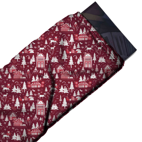 Crimson Burgundy & White Firs & Townhouses Printed Pure Natural Crepe Fabric