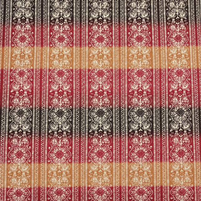 Crimson Red & Cream Striped Medallion Floral Print Fabric — design 514SSC-ABJI/DS-592, Clothwala