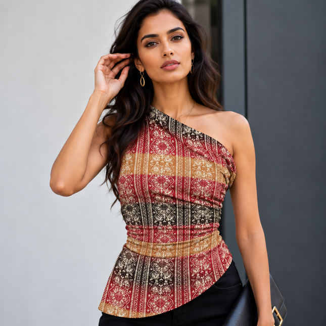 Crimson Red & Cream Striped Medallion Floral Print Fabric — design 514SSC-ABJI/DS-592, Clothwala