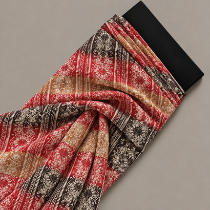 Crimson Red & Cream Striped Medallion Floral Print Fabric — design 514SSC-ABJI/DS-592, Clothwala