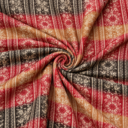 Crimson Red & Cream Striped Medallion Floral Print Fabric — design 514SSC-ABJI/DS-592, Clothwala