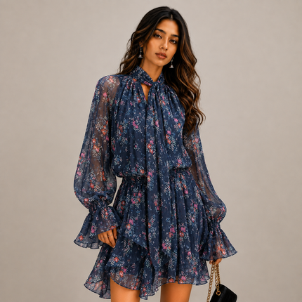 Dark Blue & Hot Pink Ditsy Floral Clusters Print Fabric — design 10748G0-SBGP/DS-500, Clothwala