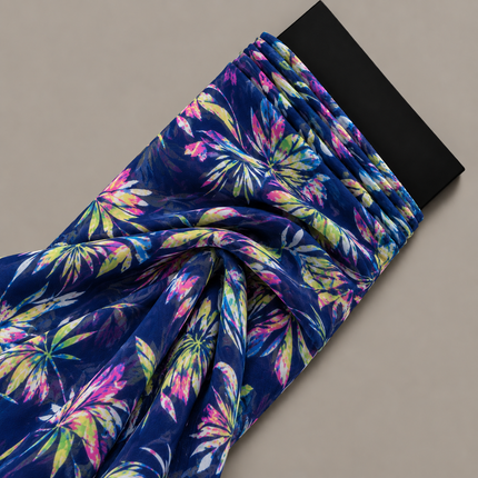 Dark Blue & Lime Green & Magenta Abstract Tropical Foliage Print Fabric — design 10748G0-SBGP/DS-586, Clothwala