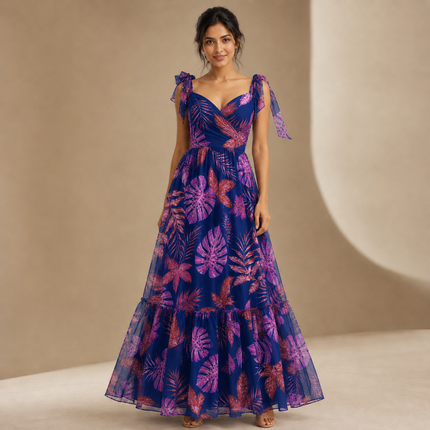 Dark Blue & Purple Tropical Leaves Print Fabric — design 1248A9G6-SBGP/DS-44, Clothwala