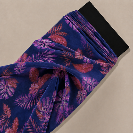 Dark Blue & Purple Tropical Leaves Print Fabric — design 1248A9G6-SBGP/DS-44, Clothwala
