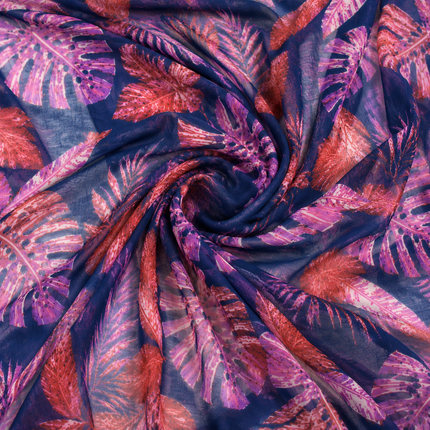 Dark Blue & Purple Tropical Leaves Print Fabric — design 1248A9G6-SBGP/DS-44, Clothwala