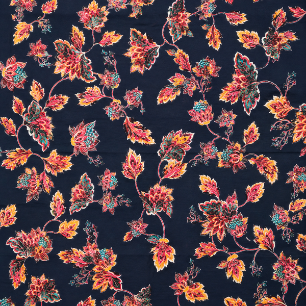 Dark Blue & Red & Orange Mughal Floral Vine Print Fabric
