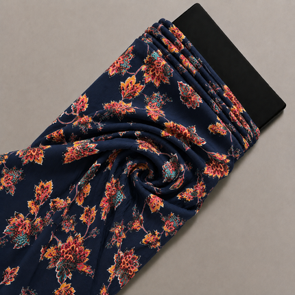Dark Blue & Red & Orange Mughal Floral Vine Print Fabric — design 1498LT2-ABMP/DS-576, Clothwala