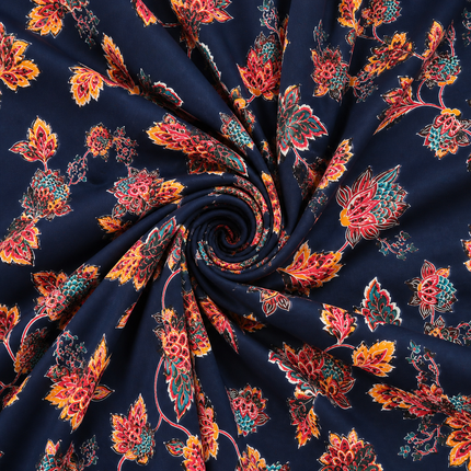 Dark Blue & Red & Orange Mughal Floral Vine Print Fabric — design 1498LT2-ABMP/DS-576, Clothwala