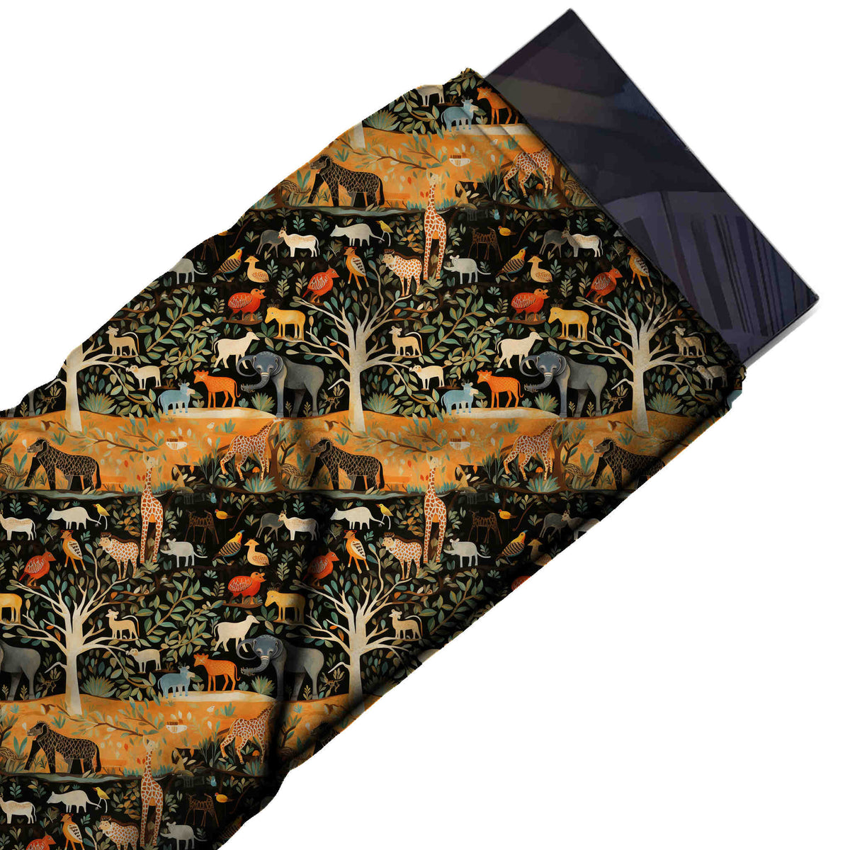 Flat fabric swatch: one-way scenic print in horizontal bands: cream-trunked trees, design Design No_3896, Clothwala