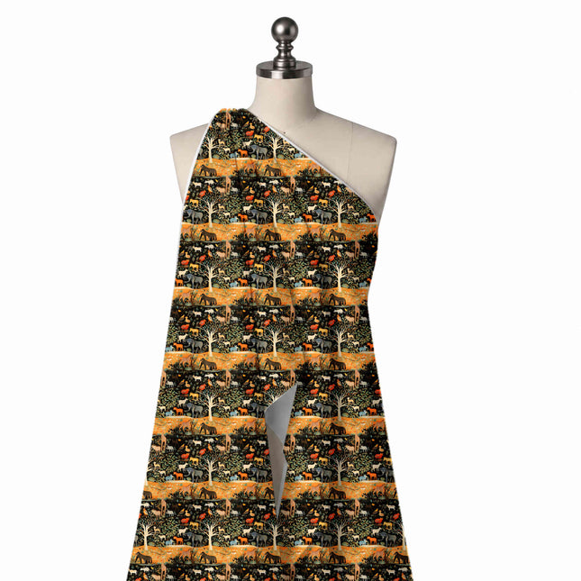 Draped on a mannequin: one-way scenic print in horizontal bands: cream-trunked trees, design Design No_3896, Clothwala