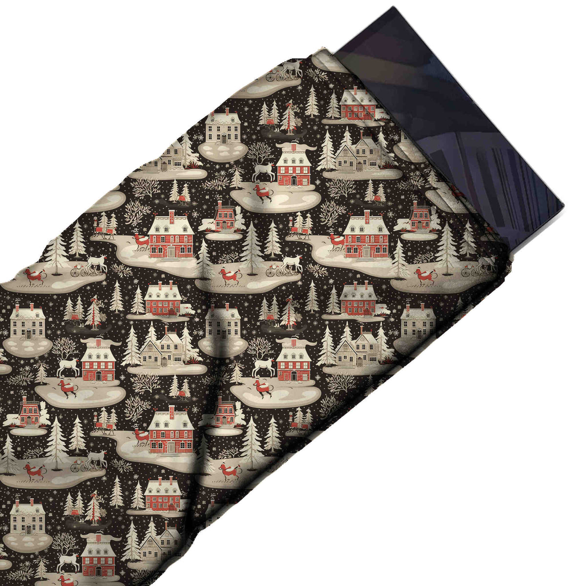 Flat fabric swatch: one-way all-over scenic of dusty red and beige brick houses with snow, design Design No_4754, Clothwala