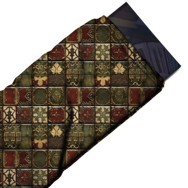 Dark Brown & Deep Red Embossed Antique Tiles Printed French Crepe Fabric