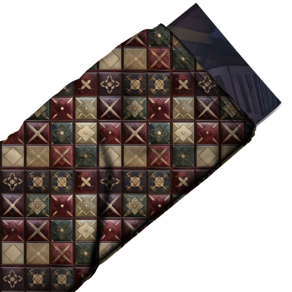 Dark Brown & Maroon Quilted Leather Tile Grid Printed French Crepe Fabric