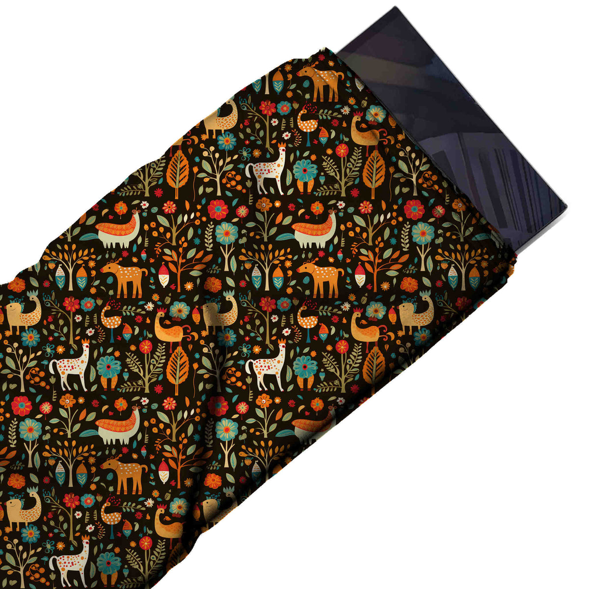 Dark Brown & Orange Folk Deer & Hens Printed Moss Crepe Fabric - flat fabric swatch, design Design No_3856, Clothwala