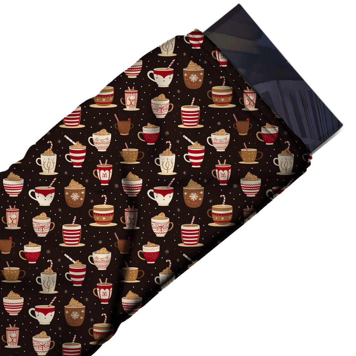 Flat fabric swatch: all-over one-way print of red-and-white striped mugs, design Design No_4718, Clothwala