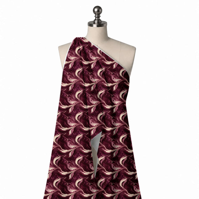 Draped on a mannequin: all-over marbled layout of large curling feather-like plumes in, design Design No_3950, Clothwala