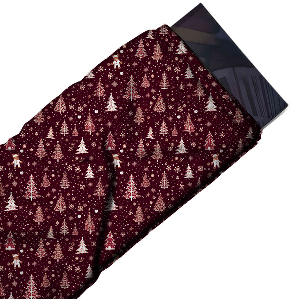 Dark Burgundy & Dusty Pink Line Christmas Trees Printed Pure Natural Crepe Fabric